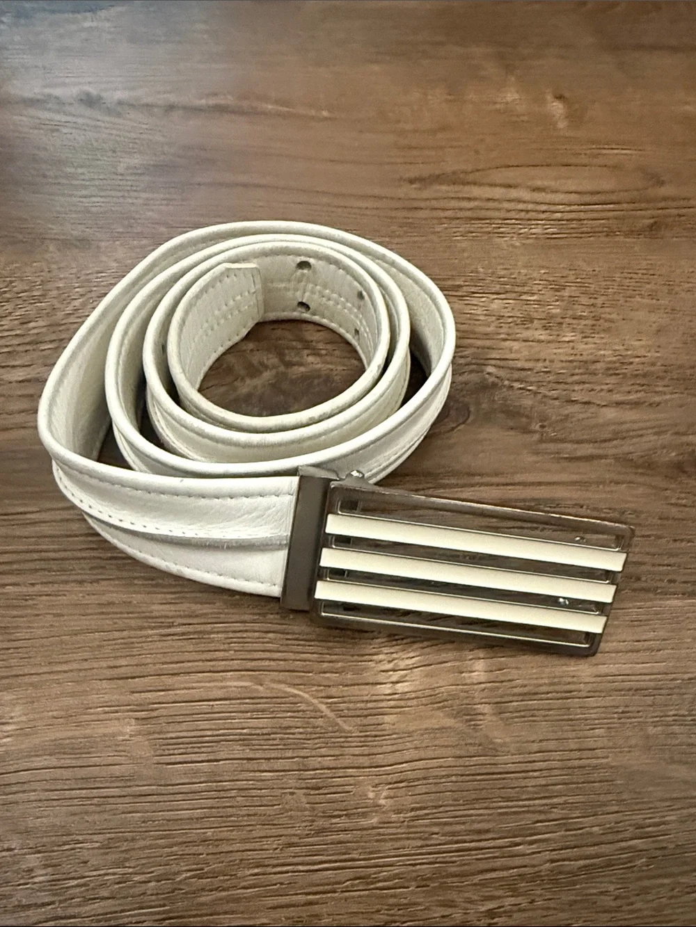 Adidas Yohji Yamamoto Y-3 White Leather Belt Brushed Silver Bar Buckle Medium